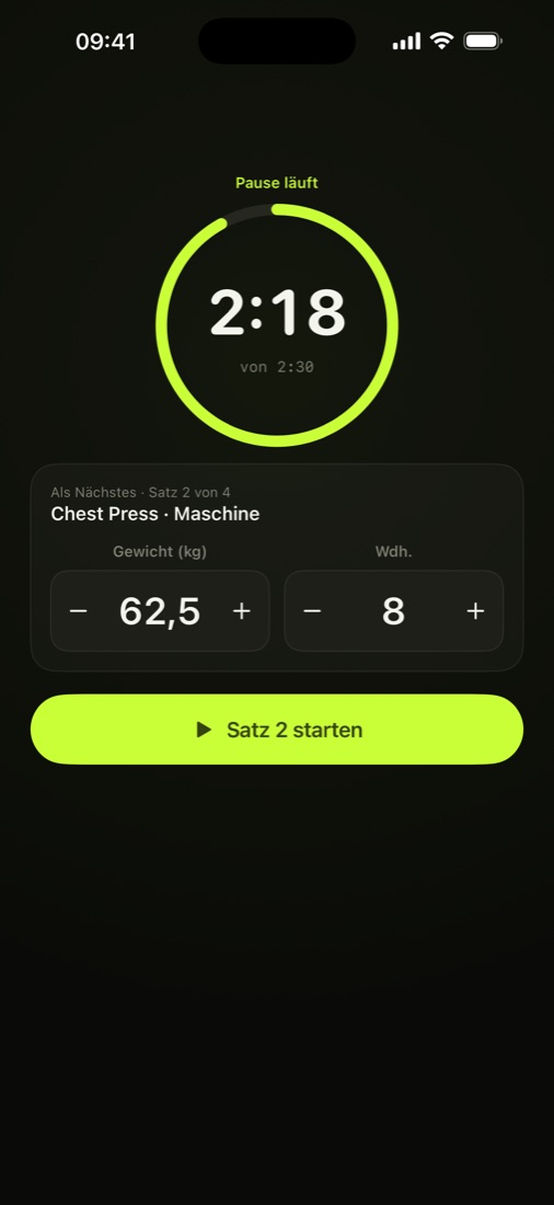 Pausen-Screen mit laufendem Timer und dem Ergebnis des letzten Satzes